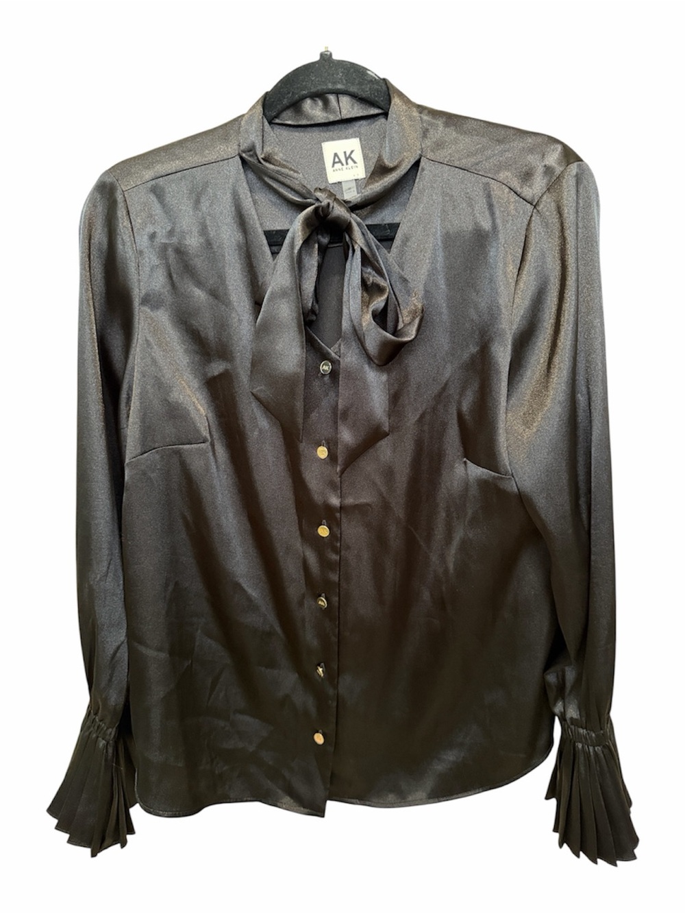 Ann Klein Black Satin Tie-Neck Blouse